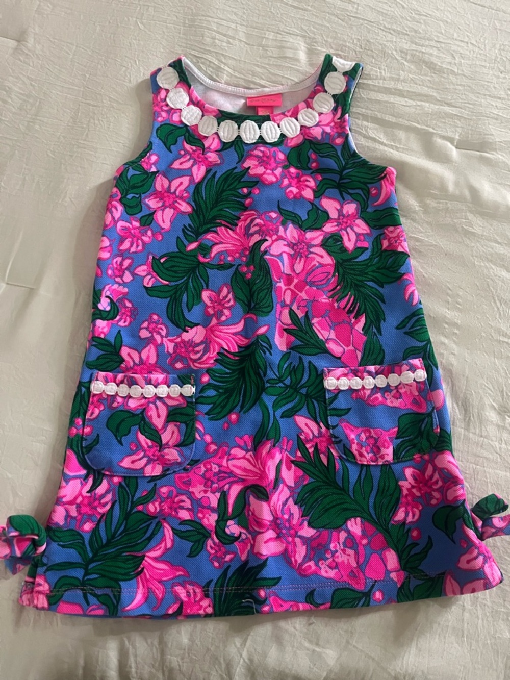 Girls' Pink Floral A-Line Dress with Green Leaf Print